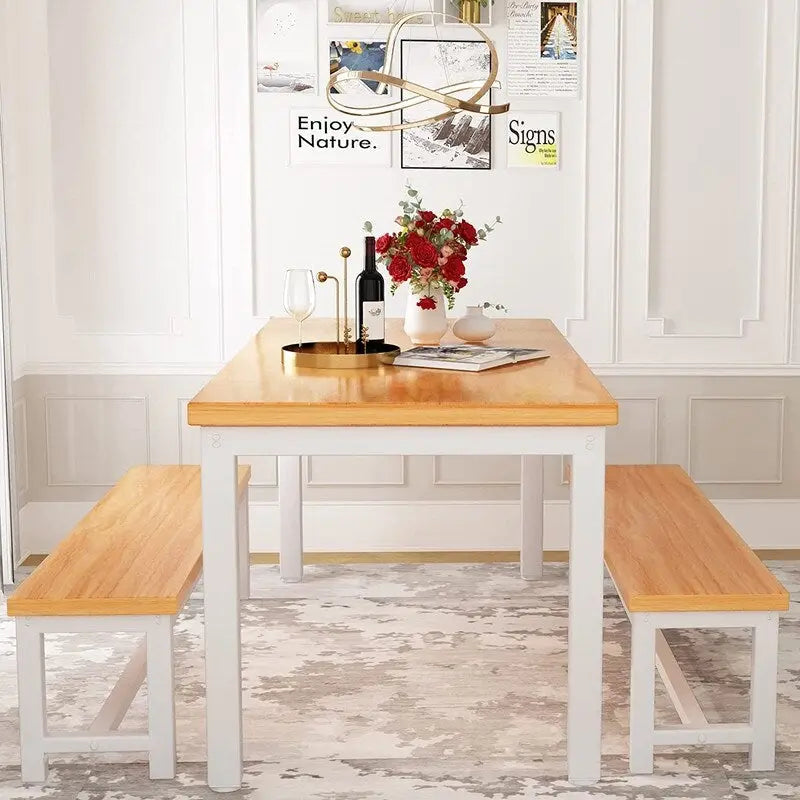 Ensemble de salle à manger industriel 3 pièces, ensemble de table de cuisine rétro en bois avec 2 bancs pour la maison, la cuisine, la salle à manger, le restaurant