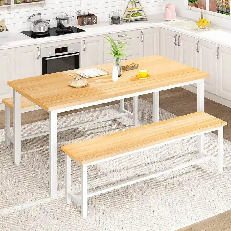 Ensemble de salle à manger industriel 3 pièces, ensemble de table de cuisine rétro en bois avec 2 bancs pour la maison, la cuisine, la salle à manger, le restaurant