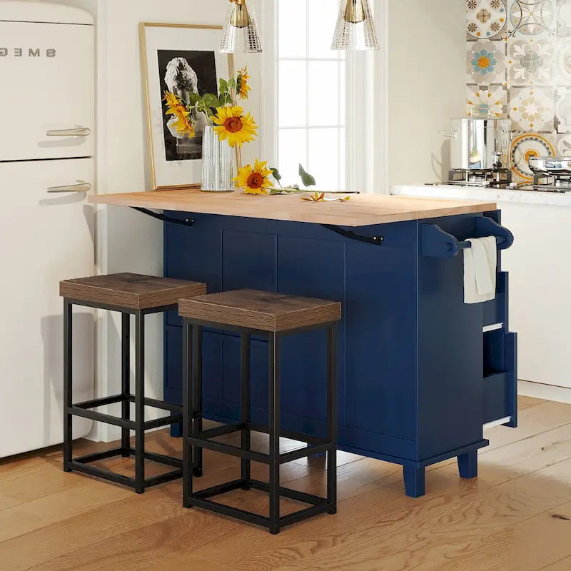 Ensemble îlot de cuisine de ferme avec abattant – Table à manger avec meuble de rangement, tiroirs et tabourets, étagère réglable