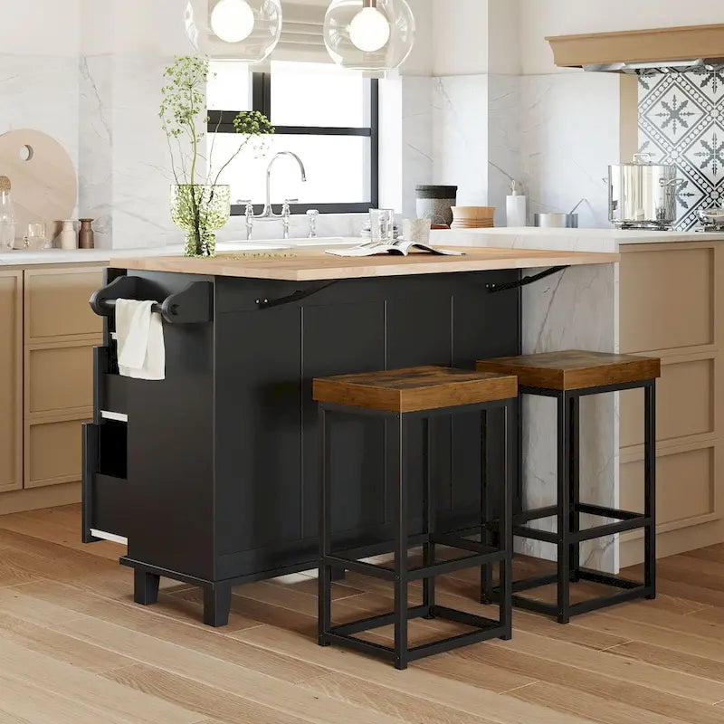 Ensemble îlot de cuisine de ferme avec abattant – Table à manger avec meuble de rangement, tiroirs et tabourets, étagère réglable