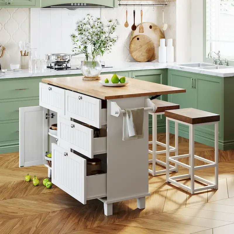 Ensemble îlot de cuisine de ferme avec abattant – Table à manger avec meuble de rangement, tiroirs et tabourets, étagère réglable