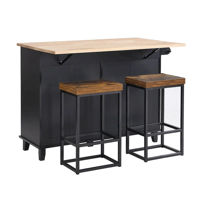Ensemble îlot de cuisine de ferme avec abattant – Table à manger avec meuble de rangement, tiroirs et tabourets, étagère réglable