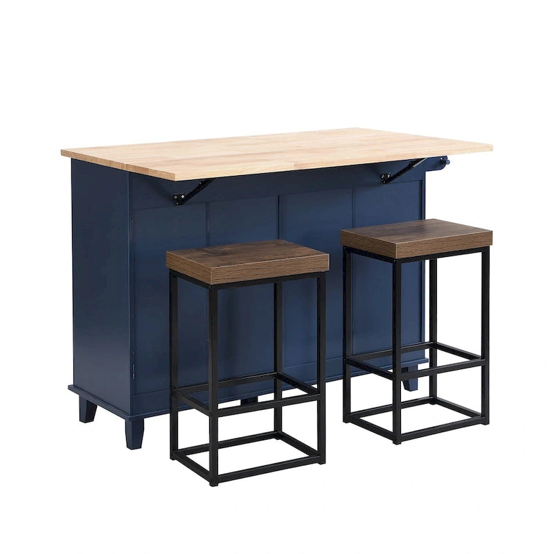 Ensemble îlot de cuisine de ferme avec abattant – Table à manger avec meuble de rangement, tiroirs et tabourets, étagère réglable