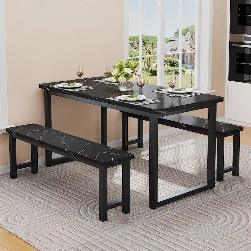 Table et banc de salle à manger 3 pièces de style industriel, placage marbre