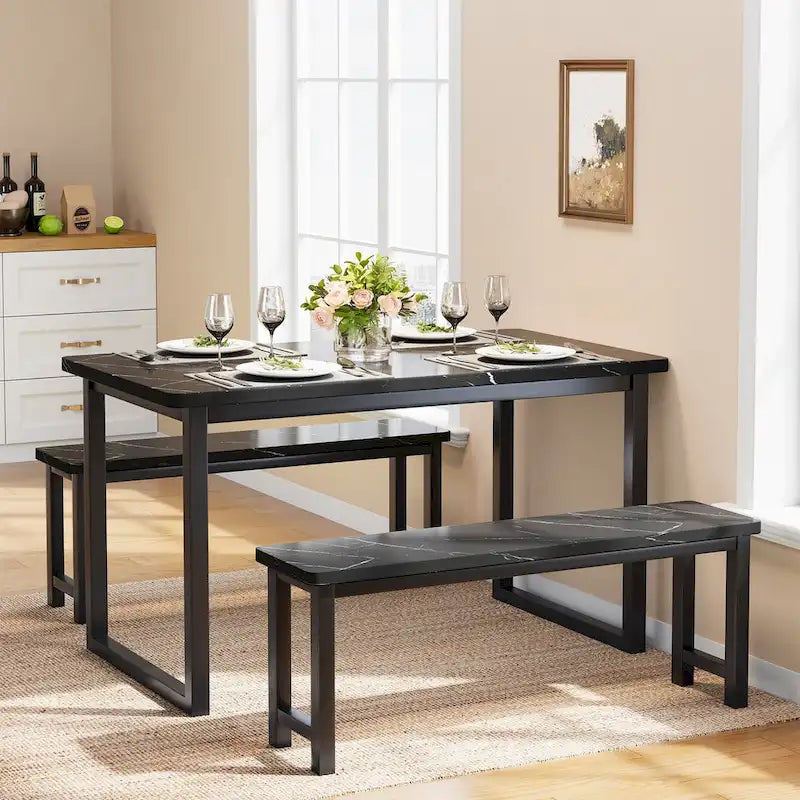 Table et banc de salle à manger 3 pièces de style industriel, placage marbre