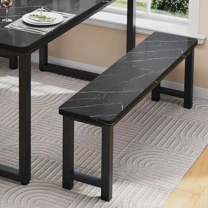 Table et banc de salle à manger 3 pièces de style industriel, placage marbre