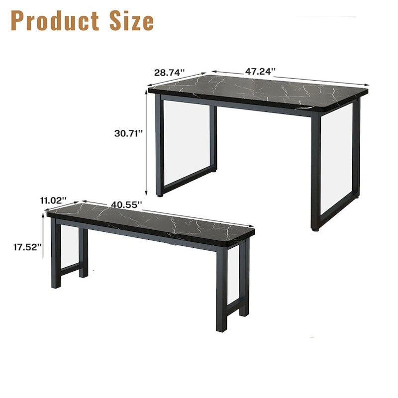 Table et banc de salle à manger 3 pièces de style industriel, placage marbre