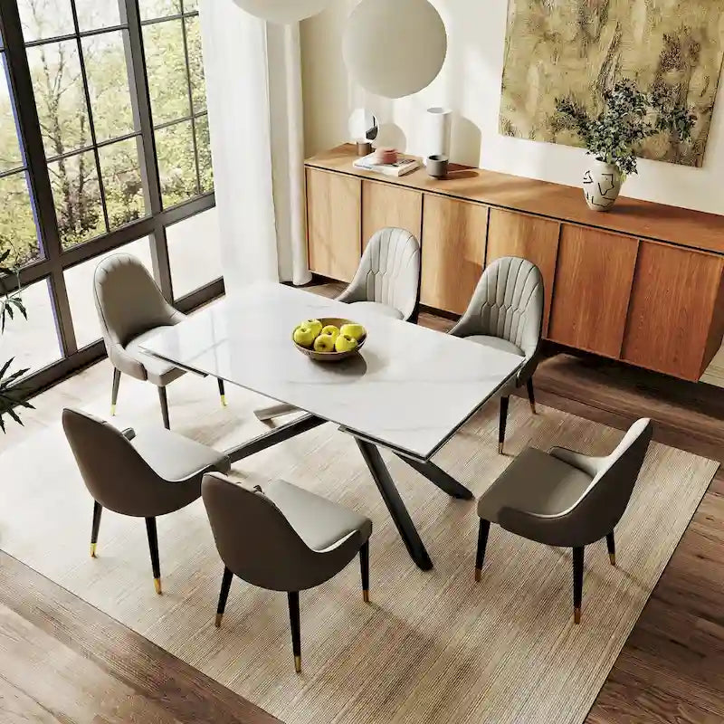 Ensemble de salle à manger extensible rectangulaire 9 pièces avec plateau en pierre frittée, pieds croisés et 8 chaises