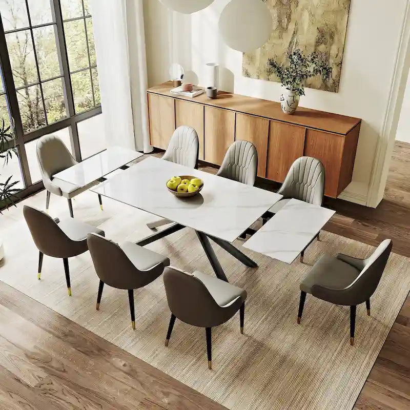 Ensemble de salle à manger extensible rectangulaire 9 pièces avec plateau en pierre frittée, pieds croisés et 8 chaises