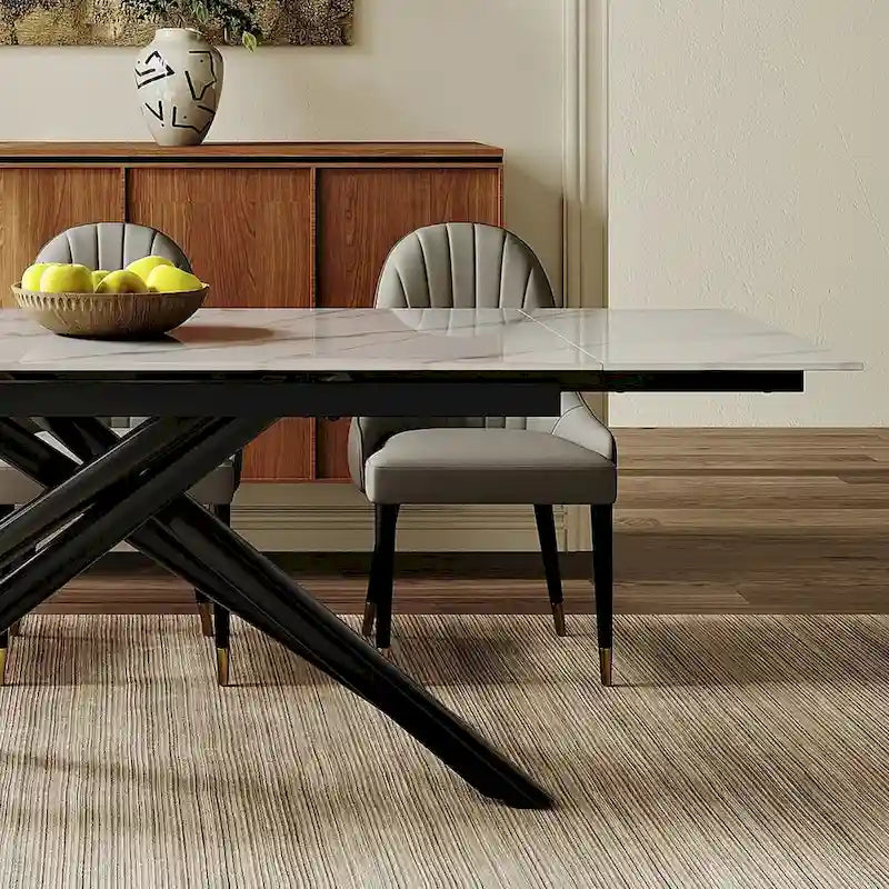 Ensemble de salle à manger extensible rectangulaire 9 pièces avec plateau en pierre frittée, pieds croisés et 8 chaises