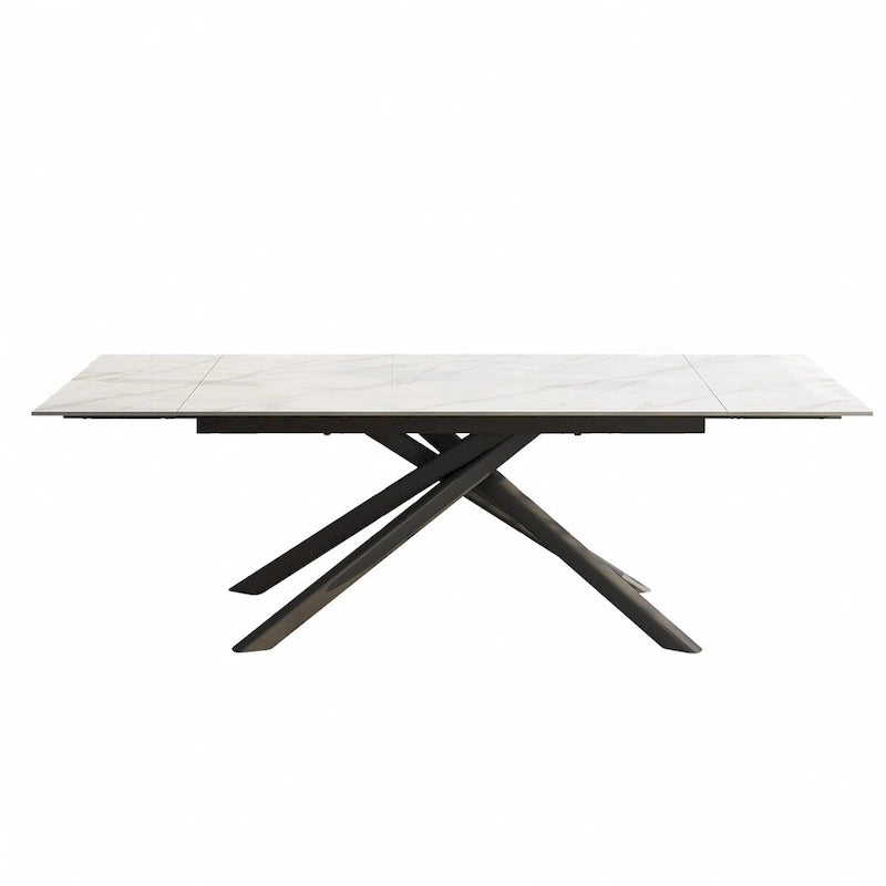 Ensemble de salle à manger extensible rectangulaire 9 pièces avec plateau en pierre frittée, pieds croisés et 8 chaises