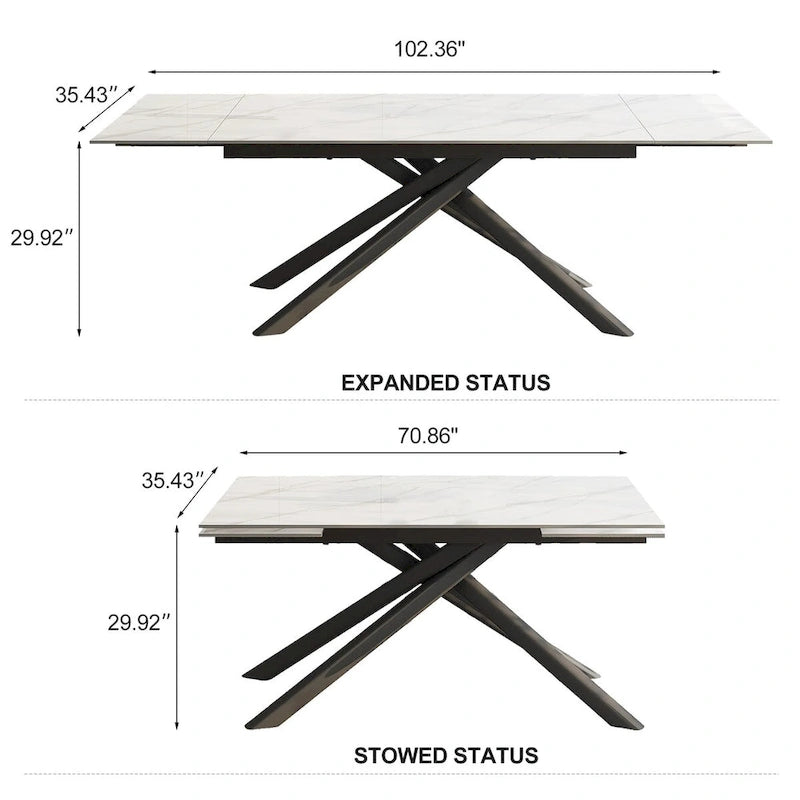 Ensemble de salle à manger extensible rectangulaire 9 pièces avec plateau en pierre frittée, pieds croisés et 8 chaises