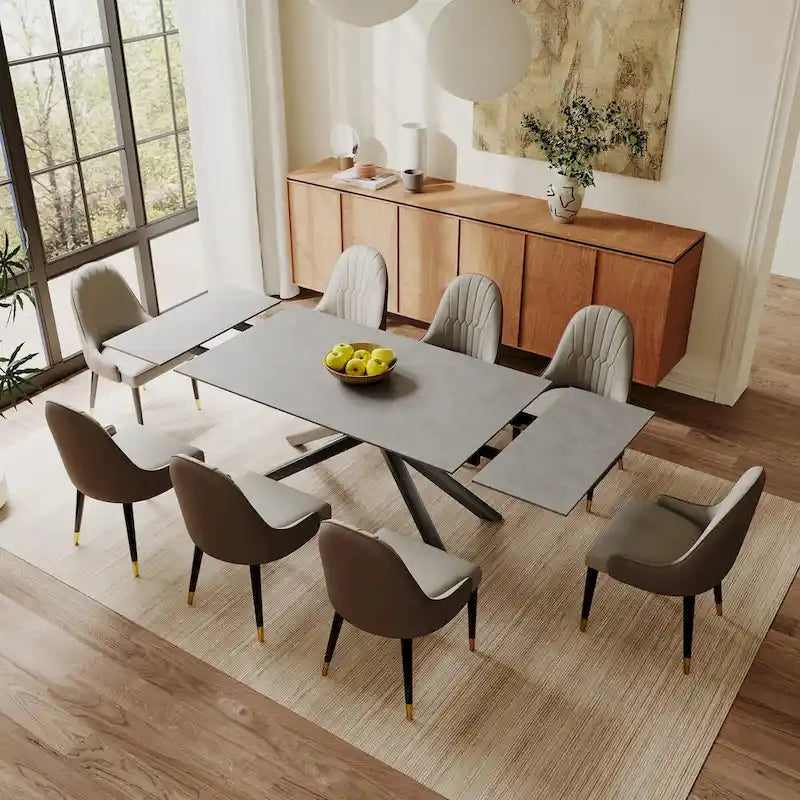 Ensemble de salle à manger extensible rectangulaire 9 pièces avec plateau en pierre frittée, pieds croisés et 8 chaises