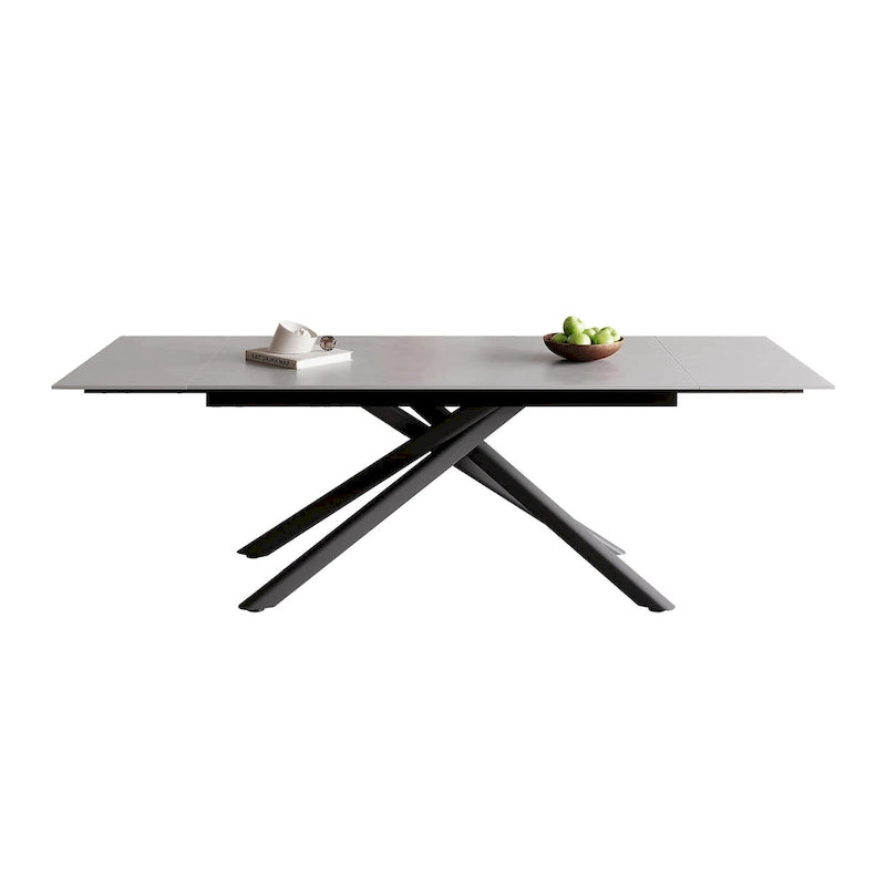 Ensemble de salle à manger extensible rectangulaire 9 pièces avec plateau en pierre frittée, pieds croisés et 8 chaises