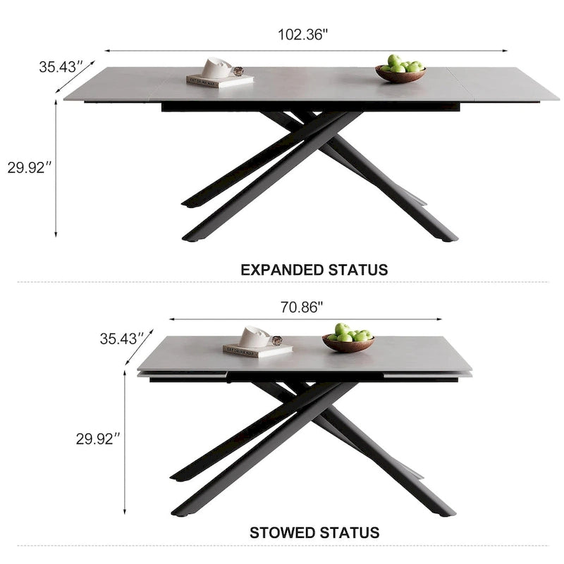 Ensemble de salle à manger extensible rectangulaire 9 pièces avec plateau en pierre frittée, pieds croisés et 8 chaises