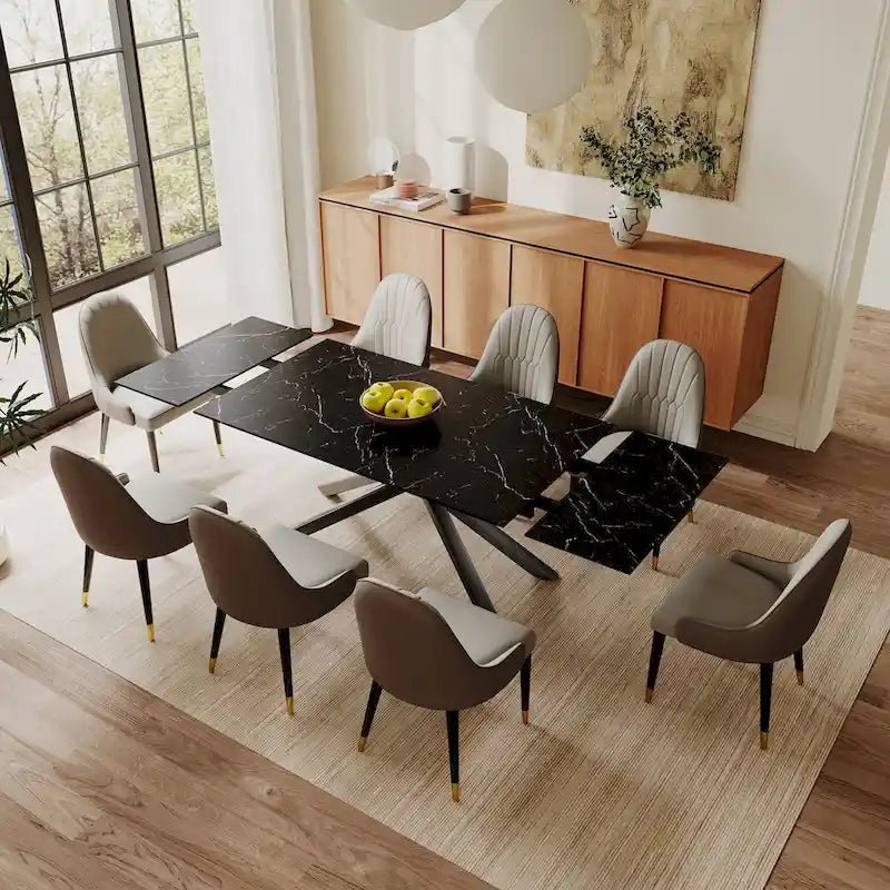Ensemble de salle à manger extensible rectangulaire 9 pièces avec plateau en pierre frittée, pieds croisés et 8 chaises