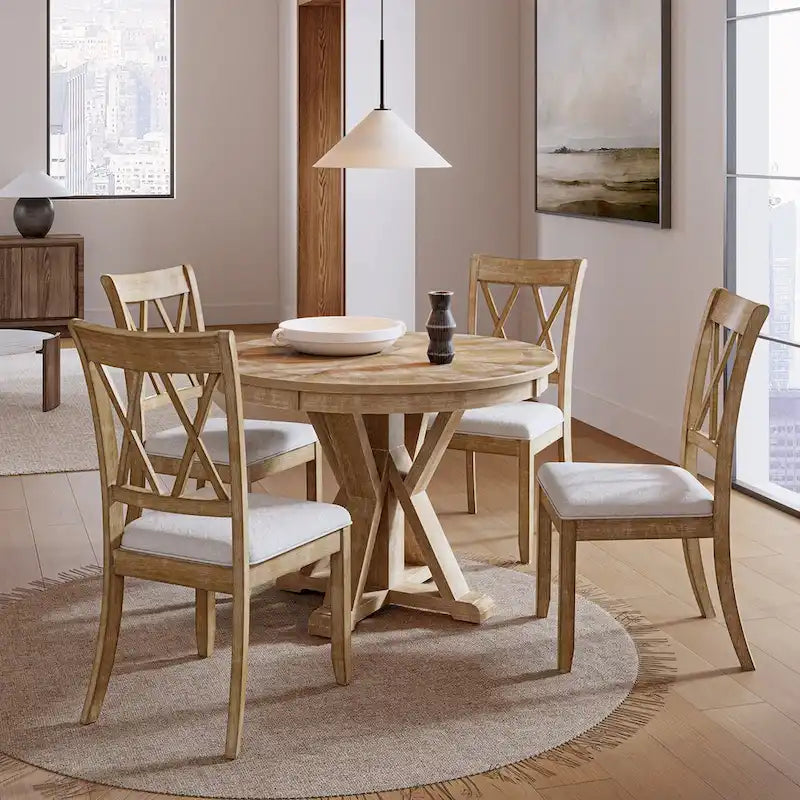 Ensemble de salle à manger rond 5 pièces Nuria Farmhouse avec 4 chaises et table ronde par HULALA HOME