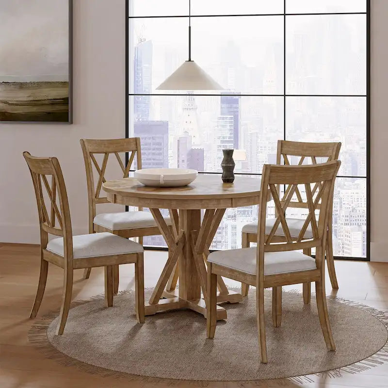 Ensemble de salle à manger rond 5 pièces Nuria Farmhouse avec 4 chaises et table ronde par HULALA HOME