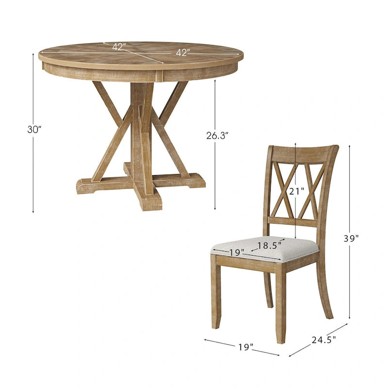 Ensemble de salle à manger rond 5 pièces Nuria Farmhouse avec 4 chaises et table ronde par HULALA HOME