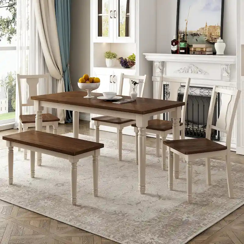 Ensemble de salle à manger classique 6 pièces Table en bois et 4 chaises avec banc pour cuisine et salle à manger