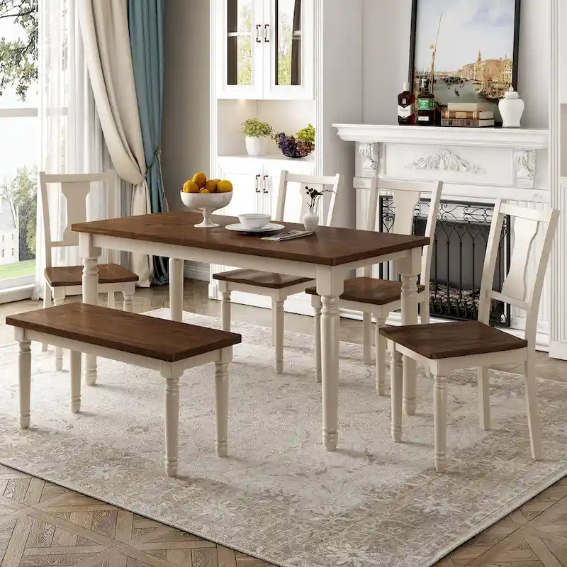 Ensemble de salle à manger classique 6 pièces Table en bois et 4 chaises avec banc pour cuisine et salle à manger