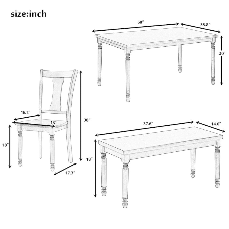 Ensemble de salle à manger classique 6 pièces Table en bois et 4 chaises avec banc pour cuisine et salle à manger