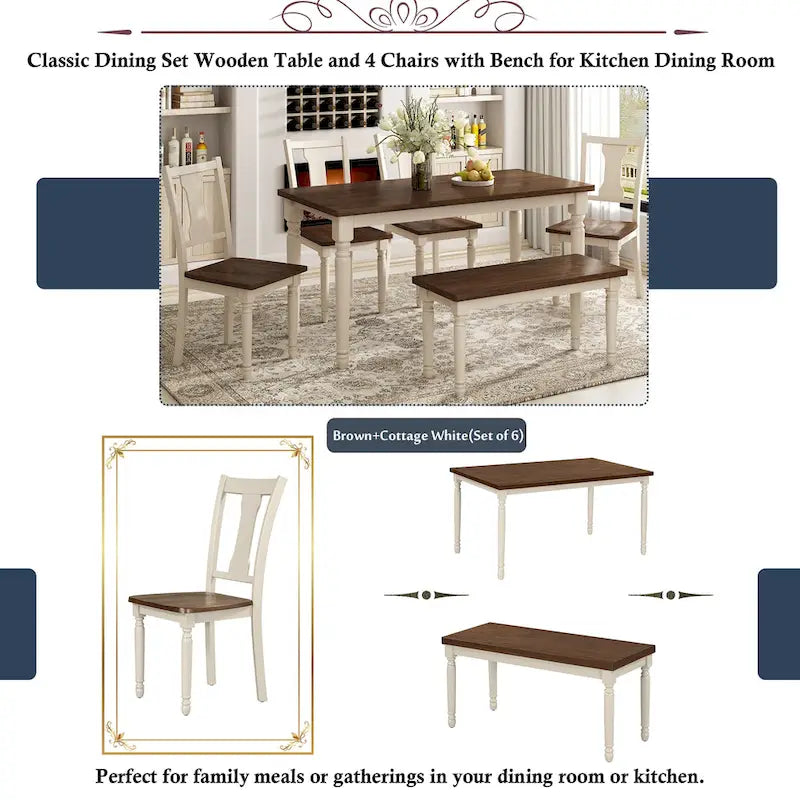 Ensemble de salle à manger classique 6 pièces Table en bois et 4 chaises avec banc pour cuisine et salle à manger