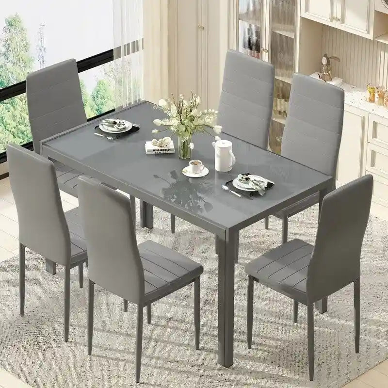 Ensemble de salle à manger 7 pièces Grondin Modern Style avec table en verre trempé et 6 chaises rembourrées en cuir PU