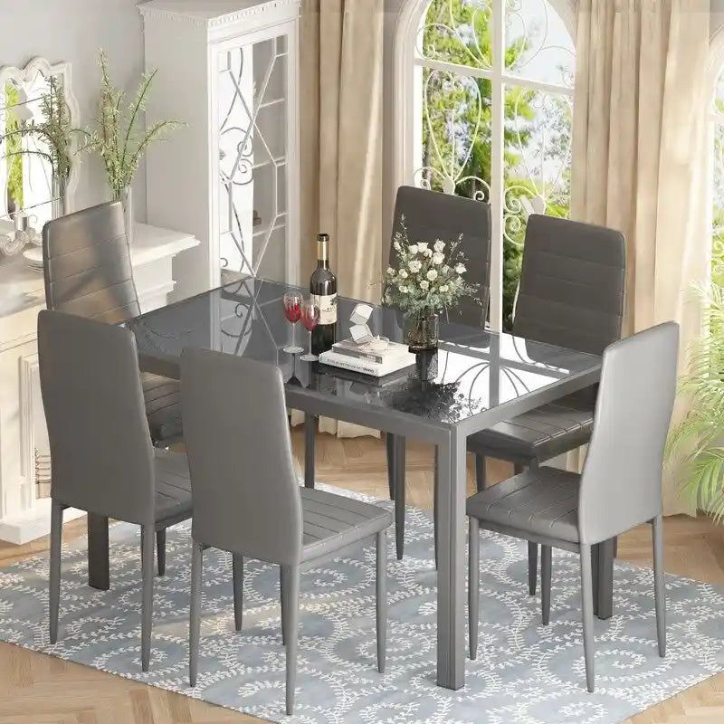 Ensemble de salle à manger 7 pièces Grondin Modern Style avec table en verre trempé et 6 chaises rembourrées en cuir PU