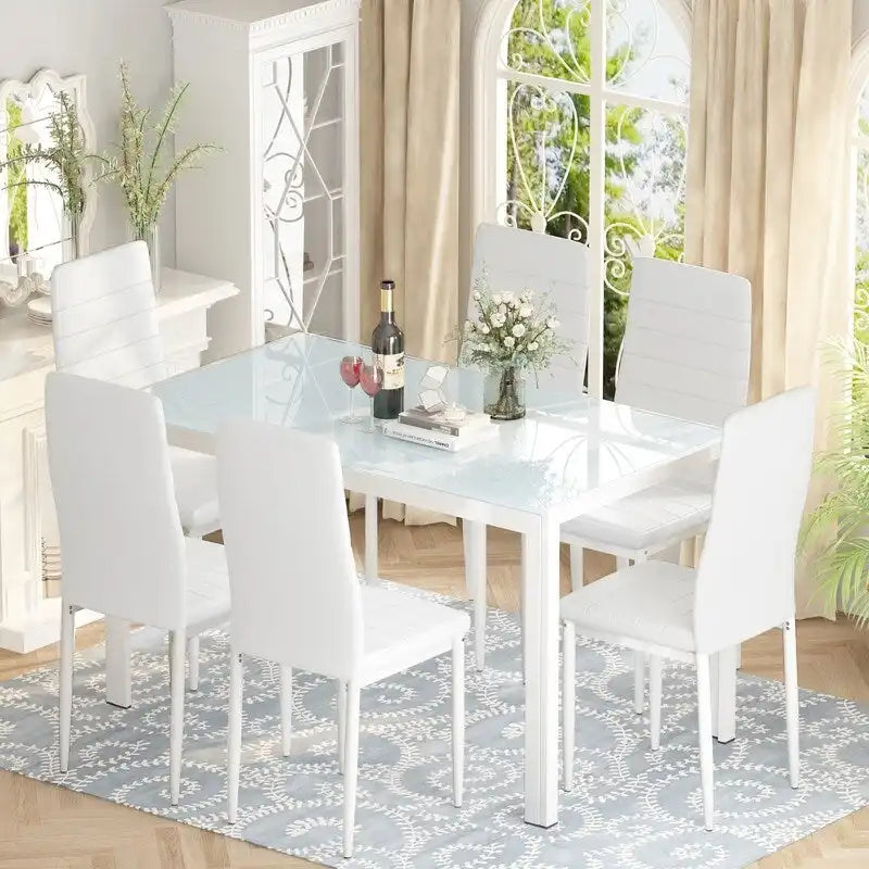 Ensemble de salle à manger 7 pièces Grondin Modern Style avec table en verre trempé et 6 chaises rembourrées en cuir PU