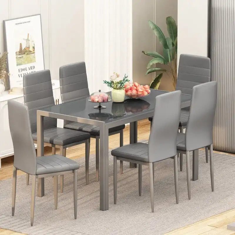 Ensemble de salle à manger 7 pièces Grondin Modern Style avec table en verre trempé et 6 chaises rembourrées en cuir PU