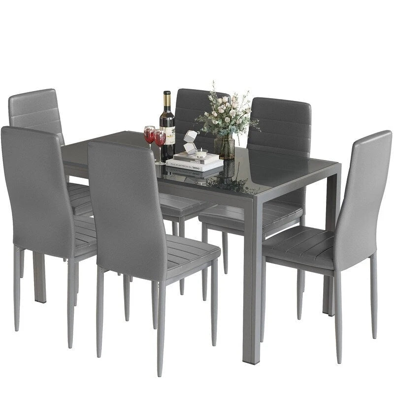 Ensemble de salle à manger 7 pièces Grondin Modern Style avec table en verre trempé et 6 chaises rembourrées en cuir PU