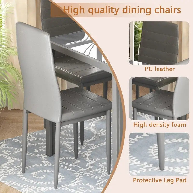 Ensemble de salle à manger 7 pièces Grondin Modern Style avec table en verre trempé et 6 chaises rembourrées en cuir PU