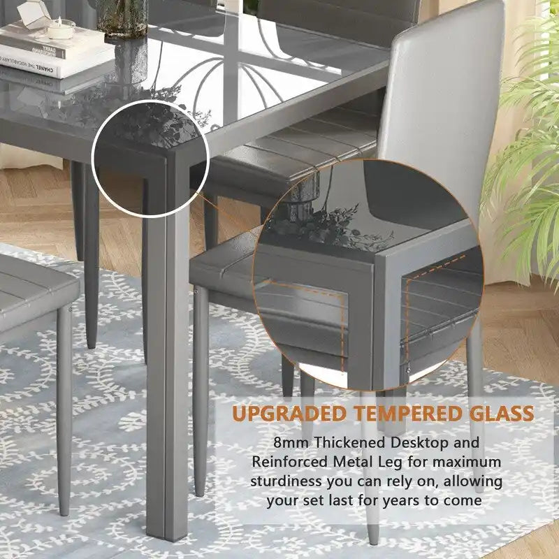 Ensemble de salle à manger 7 pièces Grondin Modern Style avec table en verre trempé et 6 chaises rembourrées en cuir PU