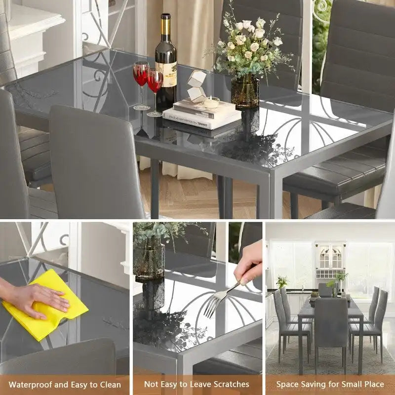 Ensemble de salle à manger 7 pièces Grondin Modern Style avec table en verre trempé et 6 chaises rembourrées en cuir PU