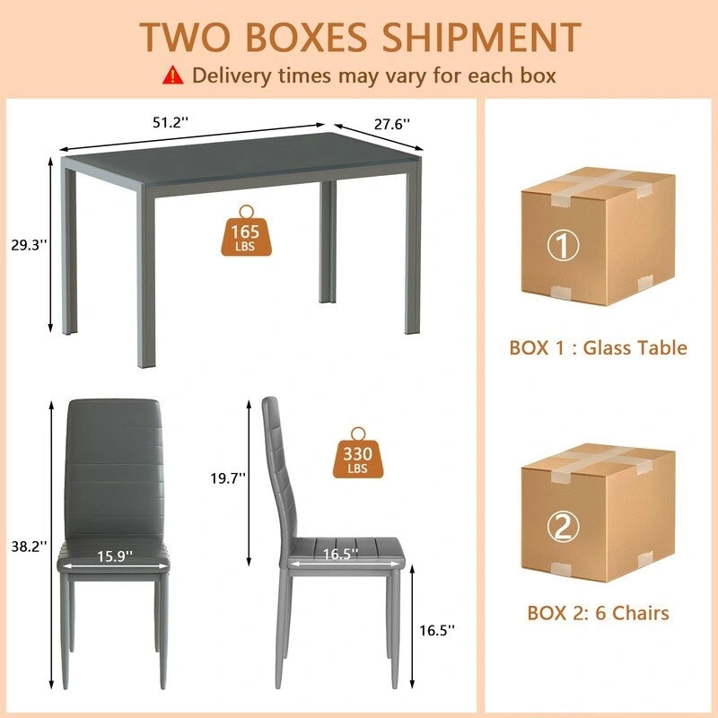 Ensemble de salle à manger 7 pièces Grondin Modern Style avec table en verre trempé et 6 chaises rembourrées en cuir PU