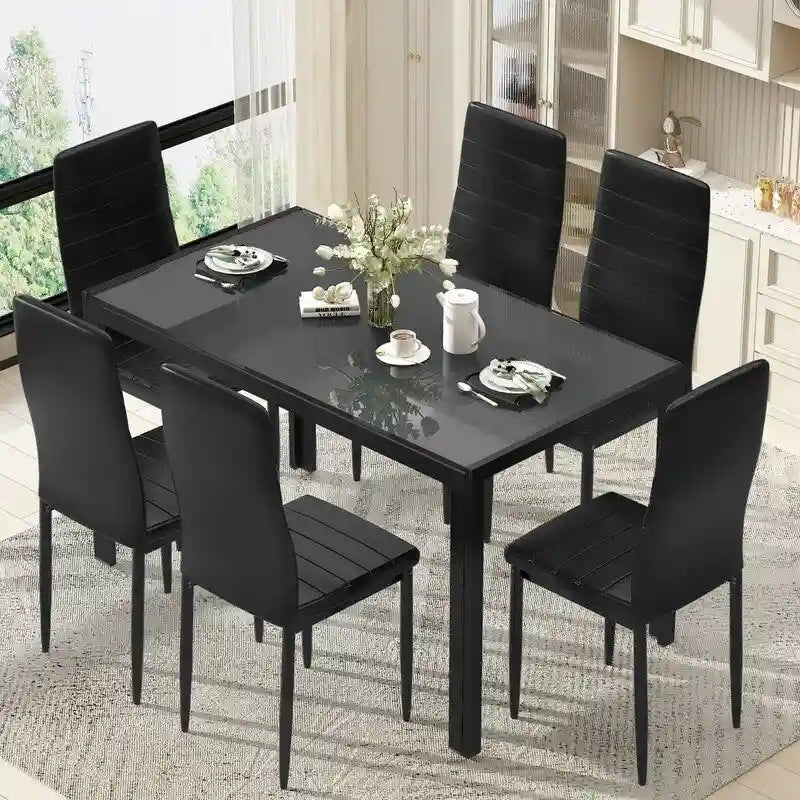 Ensemble de salle à manger 7 pièces Grondin Modern Style avec table en verre trempé et 6 chaises rembourrées en cuir PU