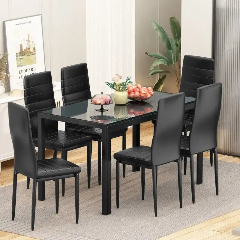 Ensemble de salle à manger 7 pièces Grondin Modern Style avec table en verre trempé et 6 chaises rembourrées en cuir PU