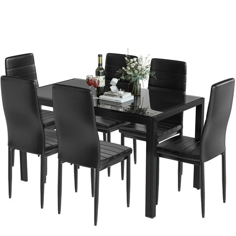 Ensemble de salle à manger 7 pièces Grondin Modern Style avec table en verre trempé et 6 chaises rembourrées en cuir PU