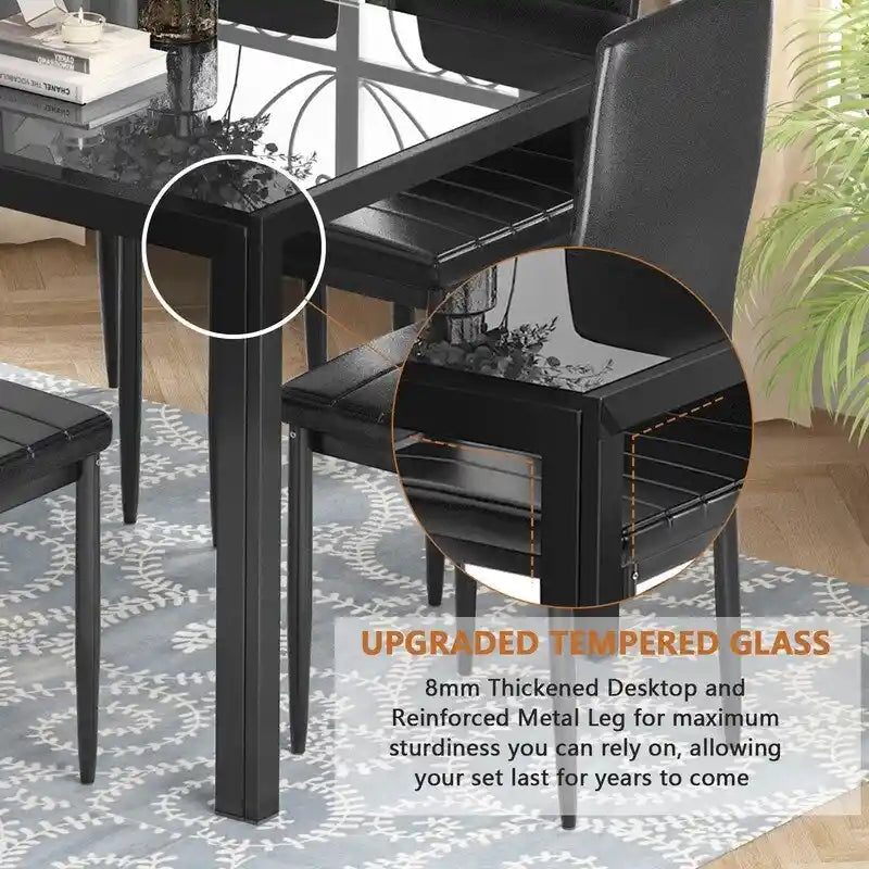Ensemble de salle à manger 7 pièces Grondin Modern Style avec table en verre trempé et 6 chaises rembourrées en cuir PU
