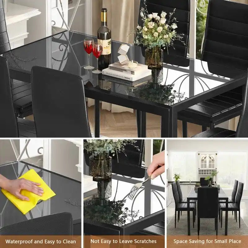 Ensemble de salle à manger 7 pièces Grondin Modern Style avec table en verre trempé et 6 chaises rembourrées en cuir PU