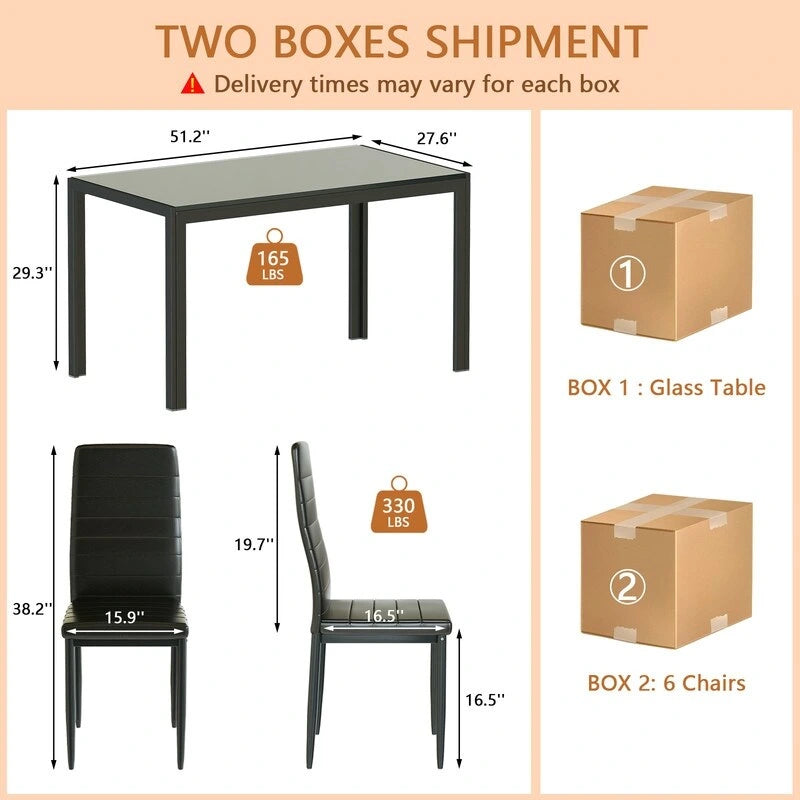 Ensemble de salle à manger 7 pièces Grondin Modern Style avec table en verre trempé et 6 chaises rembourrées en cuir PU