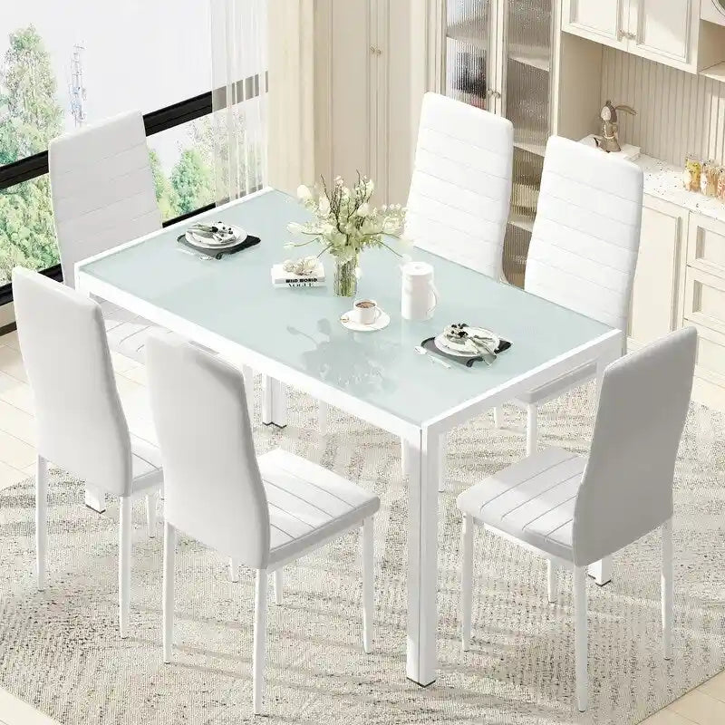 Ensemble de salle à manger 7 pièces Grondin Modern Style avec table en verre trempé et 6 chaises rembourrées en cuir PU