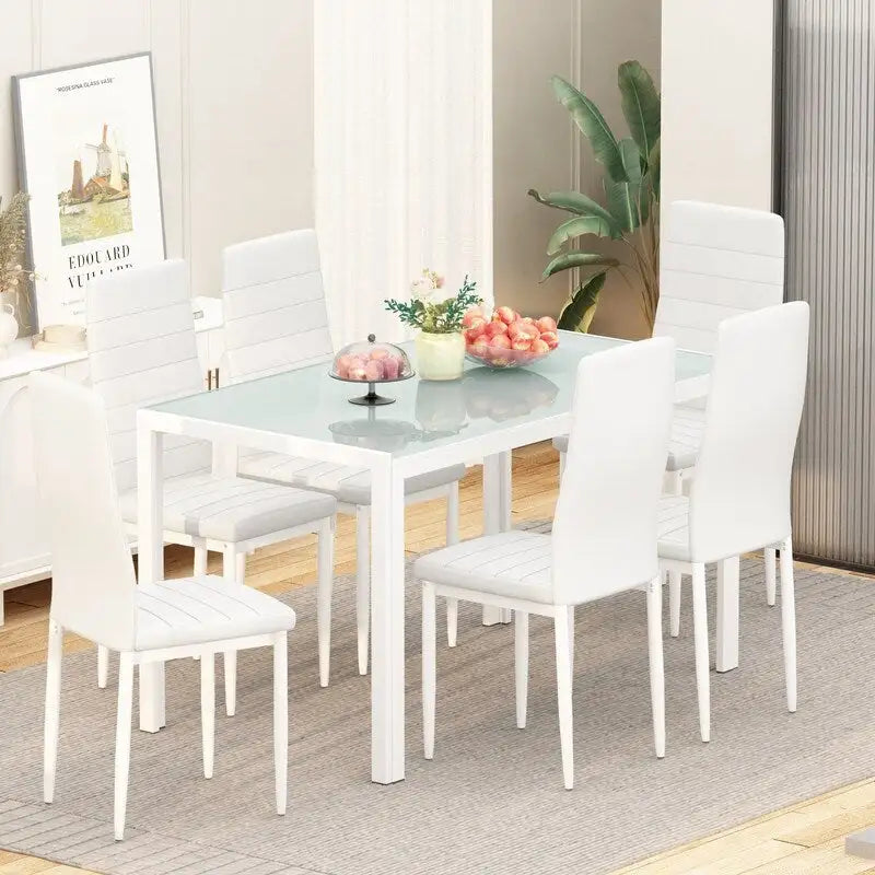 Ensemble de salle à manger 7 pièces Grondin Modern Style avec table en verre trempé et 6 chaises rembourrées en cuir PU