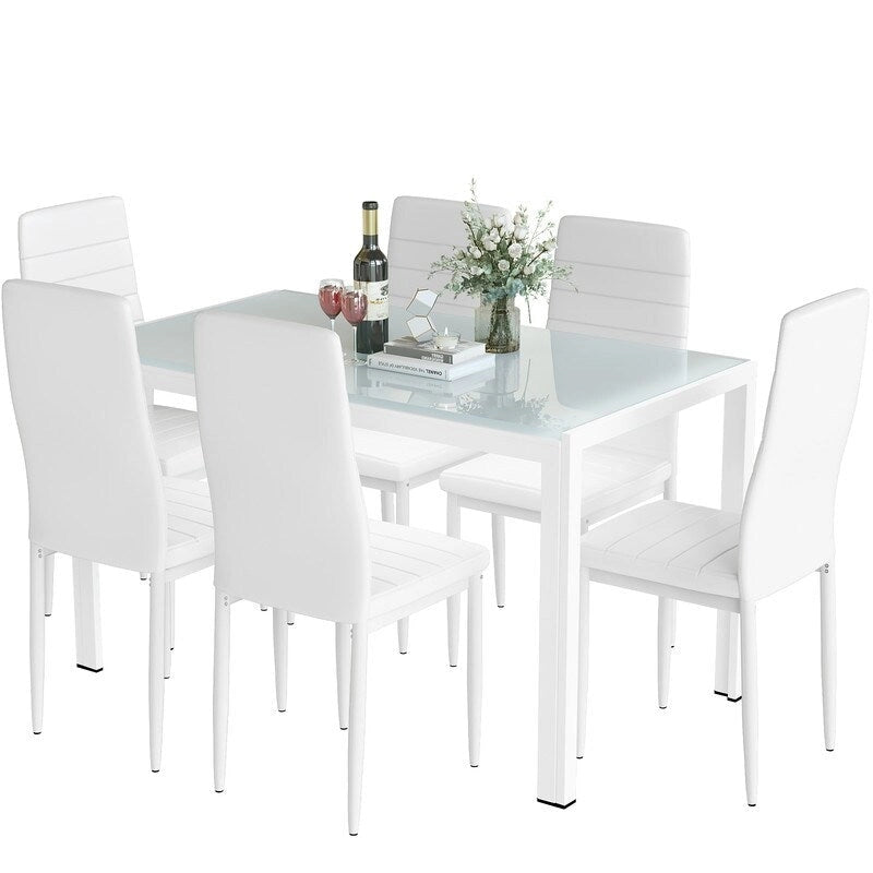 Ensemble de salle à manger 7 pièces Grondin Modern Style avec table en verre trempé et 6 chaises rembourrées en cuir PU