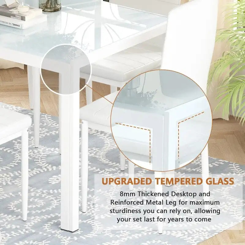 Ensemble de salle à manger 7 pièces Grondin Modern Style avec table en verre trempé et 6 chaises rembourrées en cuir PU
