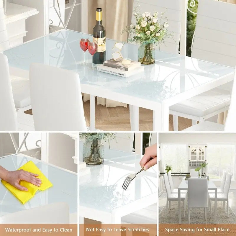 Ensemble de salle à manger 7 pièces Grondin Modern Style avec table en verre trempé et 6 chaises rembourrées en cuir PU
