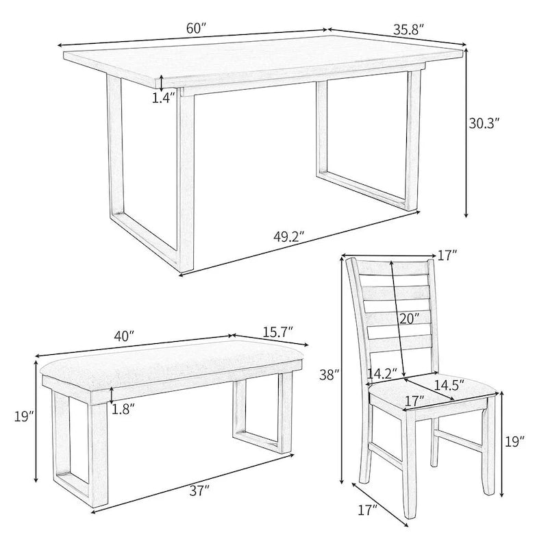Table à manger rectangulaire en bois massif de 60" avec 4 chaises rembourrées et un banc