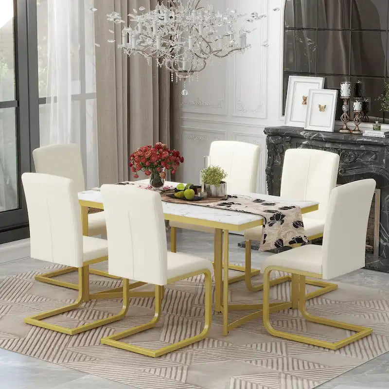 Ensemble de salle à manger moderne 7 pièces, table rectangulaire avec autocollant marbre et 6 chaises avec pieds en acier doré