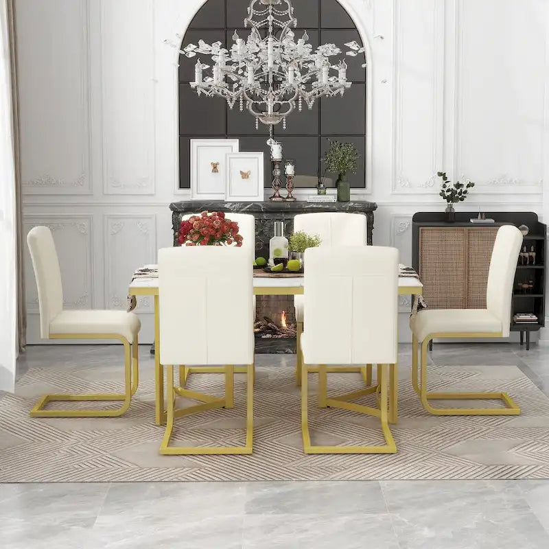 Ensemble de salle à manger moderne 7 pièces, table rectangulaire avec autocollant marbre et 6 chaises avec pieds en acier doré